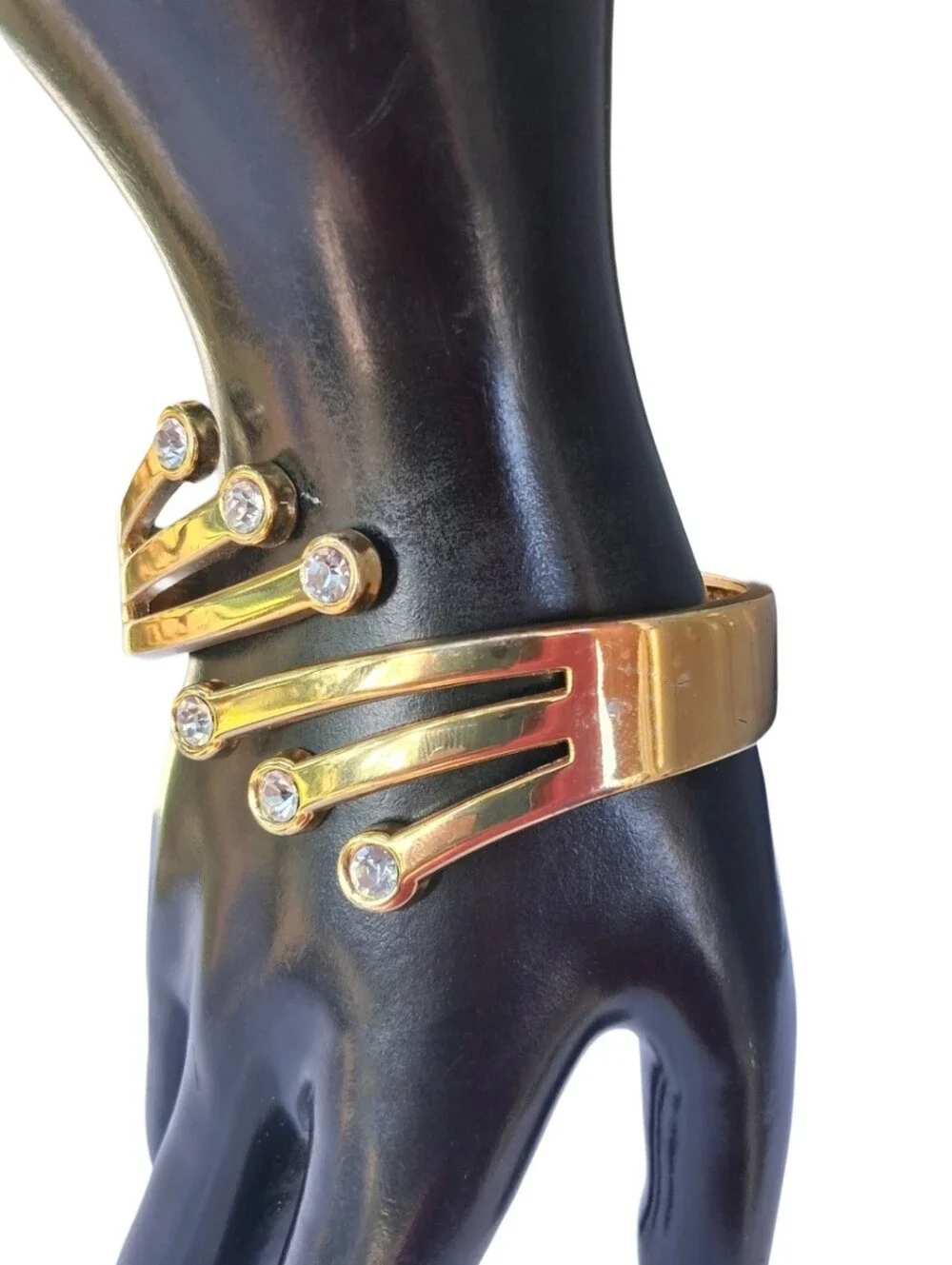 Vintage Gold Tone Rhinestone Bypass Clamper Hinged Cuff Bracelet Statement